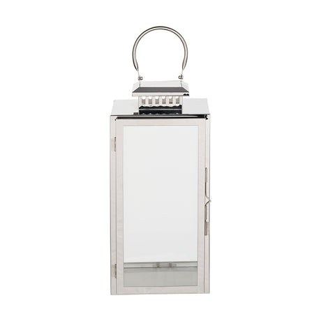 Silver stainless steel and glass rectangular candle lantern, 39cm tall, with arched carry handle and hinged glass door, shown on a plain white background.