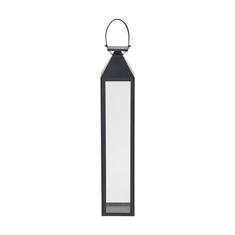 Tall black stainless steel and glass lantern candle holder, 93cm, with pointed roof, arched hanging handle and clear glass panels, shown on a plain white background.
