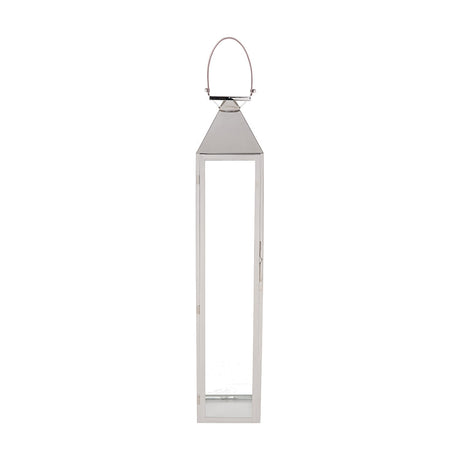 Tall silver stainless steel and glass lantern candle holder, 93cm, with pyramid top, curved handle and glass panel sides, on a plain white background.