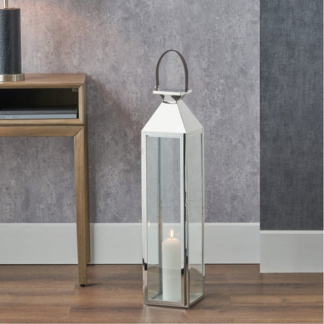 Silver Stainless Steel & Glass Medium Tall Lantern - 81cm