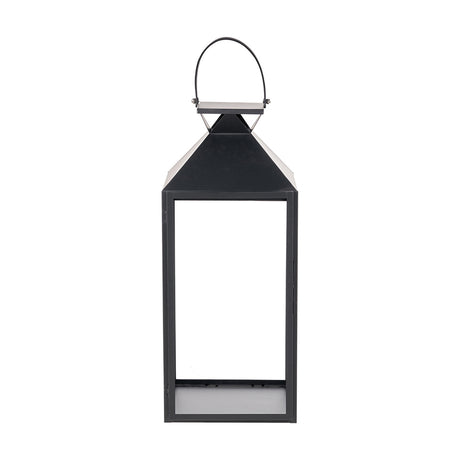 Black Stainless Steel & Glass Large Lantern, 68cm, with pyramid-topped frame, clear glass panels and curved carry handle, shown on a plain white background.