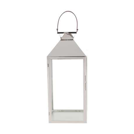 Silver stainless steel and glass large lantern, 68cm, with pyramid top, looped handle, and hinged glass door, shown on a plain white background.