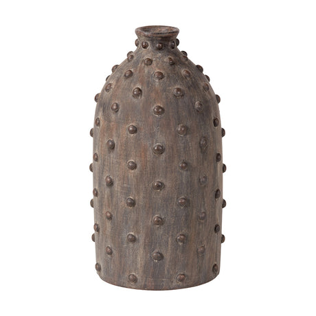 Kali Textured Dot Grey Stoneware Vase, 31cm tall, bottle-shaped ceramic with allover raised dot texture and narrow neck, shown on a plain white background.