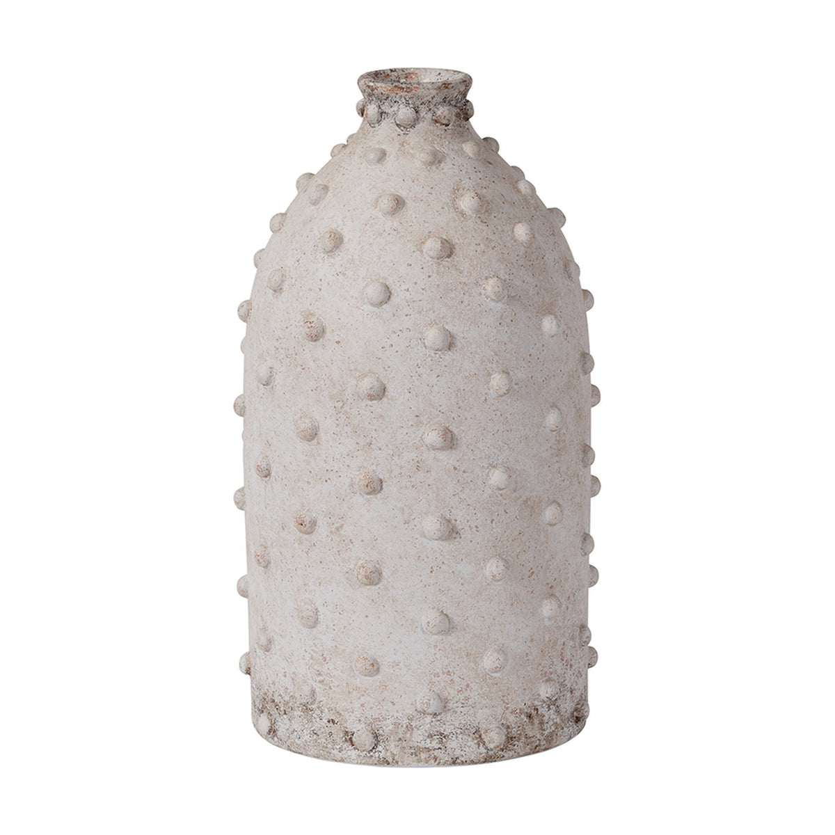 Kali Textured Dot Light Grey Stoneware Vase, 31cm, tall cylindrical ceramic form with raised dot texture and narrow neck opening, shown on a plain white background.