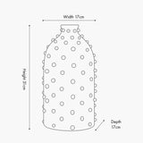 Line drawing of the Kali Textured Dot Light Grey Stoneware Vase showing a tall, rounded ceramic vase with an allover dot pattern and dimensions labelled 17cm width, 17cm depth, and 31cm height.