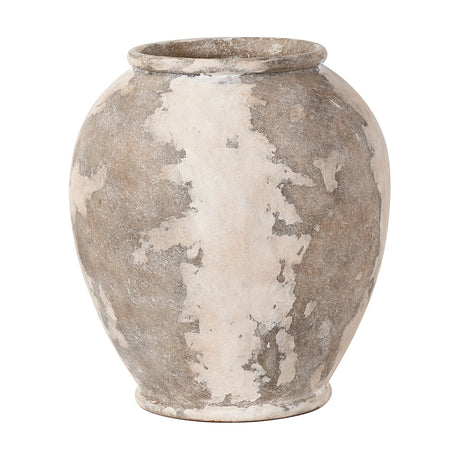 Lulia Antique Finish Stoneware Urn Vase, 31cm, rounded bulbous body with narrow rimmed neck, mottled grey and cream distressed ceramic finish, shown on a plain white background.