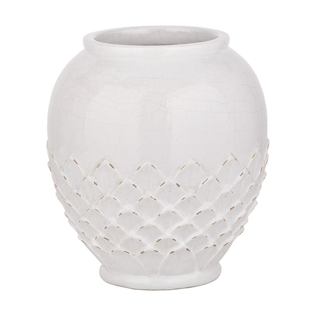 Willow White Leaf Detail Stoneware Vase, 31cm, rounded ceramic form with textured leaf pattern at base and crackled white glaze, shown on a plain white background.