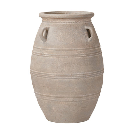 Grey wash fibrestone decorative ribbed large vase, 55cm, with two side handles and horizontal ribbed bands, tapered rounded body on a plain white background.