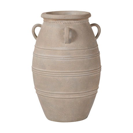 Grey wash fibrestone decorative ribbed vase, 46cm, with looped side handles and horizontal banding, shown on a plain white background.
