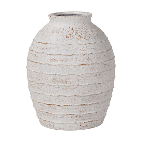 White Wash Fibrestone Decorative Ribbed Large Vase, 49cm, with a rounded ribbed body and narrow neck in a textured white finish, shown against a plain white background.