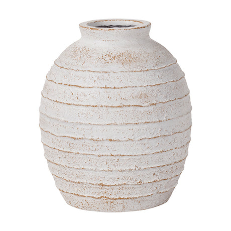 White Wash Fibrestone Decorative Ribbed Vase, 38cm tall with a rounded body, narrow neck, and textured horizontal ribbing, shown on a plain white background.