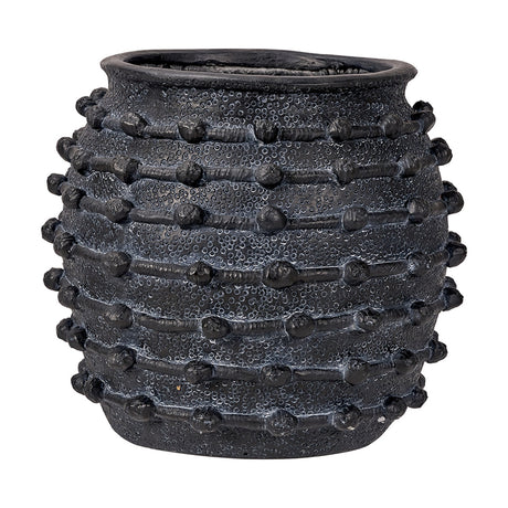 Black Bobble Fibrestone Decorative Large Planter, 39cm, rounded barrel shape with textured horizontal bands of raised bobbles, matte black finish, shown on a plain white background.