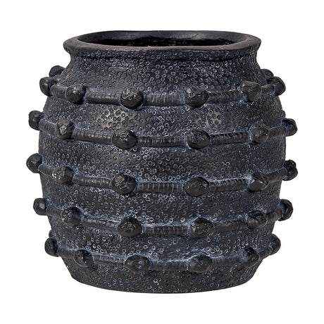 Black Bobble Fibrestone Decorative Planter, 29cm, with textured surface and raised bobble bands in horizontal rows, rounded body and wide open rim, shown on a plain white background.