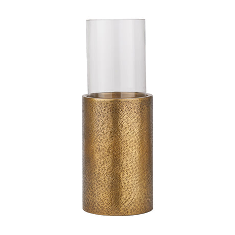Antique Brass Finish & Clear Glass Large Hurricane Lamp, 64cm, with a cylindrical textured brass base and clear glass chimney, shown on a plain white background.