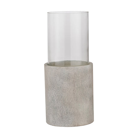 Stone Grey Aluminium & Clear Glass Hurricane Lamp, 53cm, with a tall clear glass cylinder set into a textured grey aluminium base, shown on a plain white background.