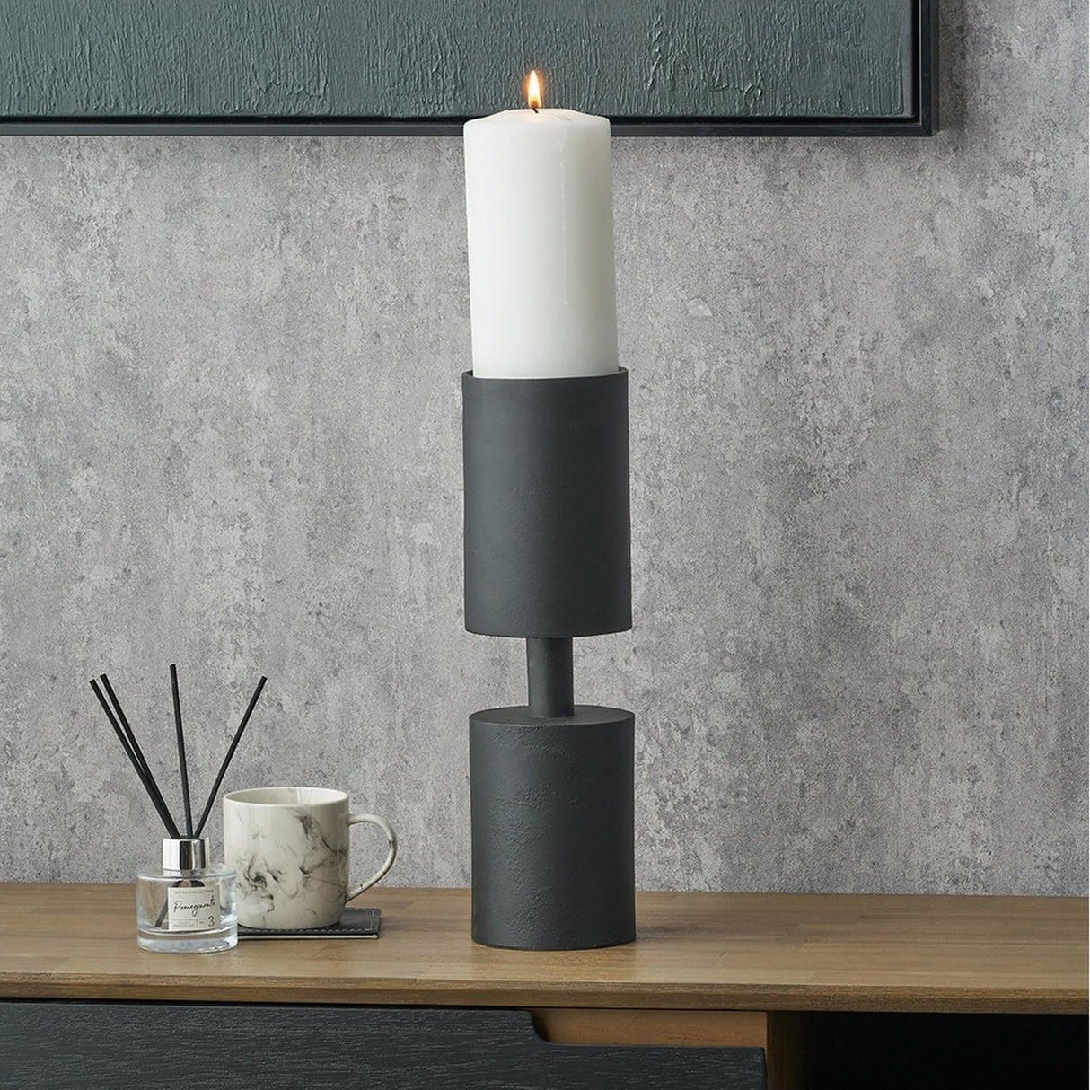 Matt Black Aluminium Pillar Large Candle Holder - 39cm