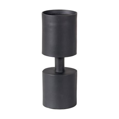 Matt Black Aluminium Pillar Candle Holder, 30cm, with cylindrical top and base joined by a narrow column, shown on a plain white background.