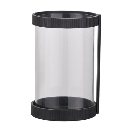 Black ribbed metal hurricane lamp, 31cm, with a clear glass cylinder, round top and base trays, and a side handle, shown on a plain white background.