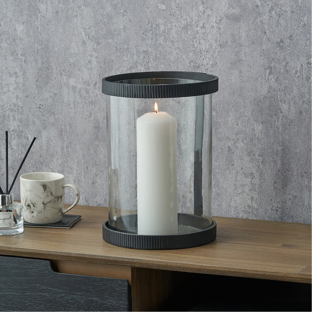 Black Ribbed Metal & Clear Glass Large Hurricane Lamp - 31cm