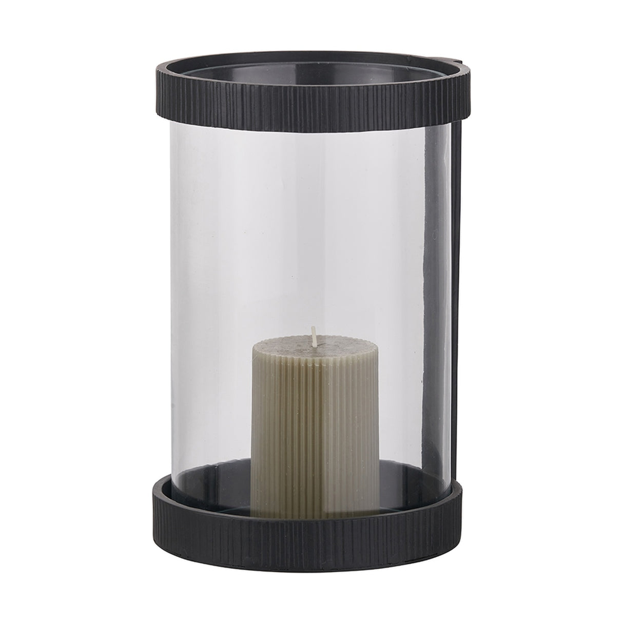 Black Ribbed Metal & Clear Glass Hurricane Lamp - 25cm