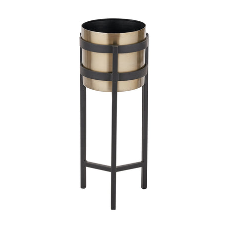 Brass floor planter, 52cm, with matt black four-legged steel stand and dual encircling bands, shown on a plain white background.