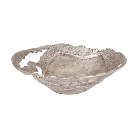 Antique silver cast aluminium decorative bowl, 46cm wide, with an irregular torn-edge rim and textured surface, shown on a plain white background.