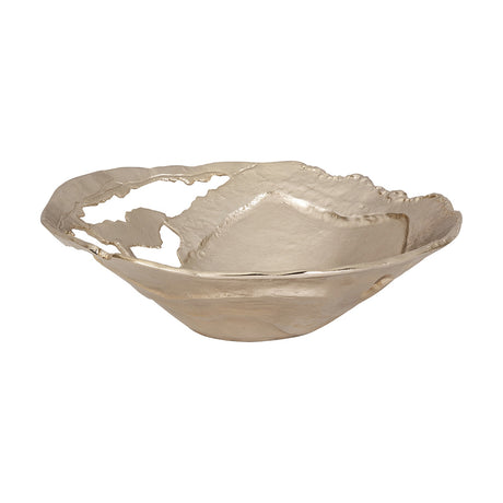 Gold cast aluminium decorative bowl, 46cm wide, with an irregular textured rim and shallow rounded body, shown on a plain white background.