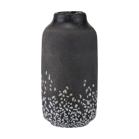 Etna Black & White Glass Vase, 32cm tall with a cylindrical black body and speckled white mottling near the base, shown on a plain white background.