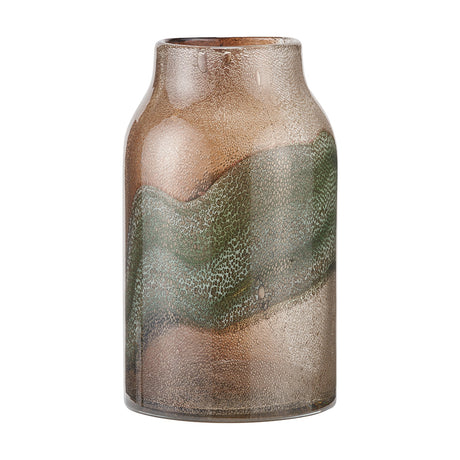 Valtellina Brown & Green Glass Vase - 26cm, a tall cylindrical glass vase with a textured speckled finish and a diagonal green band across a brown body, shown on a plain white background.