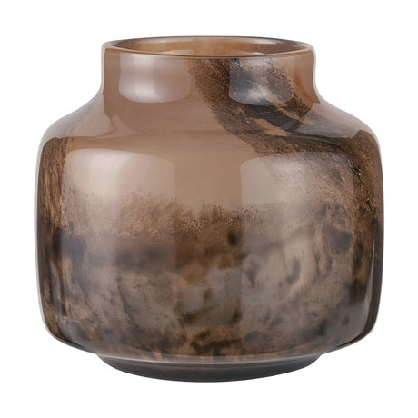 Cerdanya Brown & Beige Glass Vase, 23cm, wide-bodied glass vase with a marbled brown and beige finish and narrow neck, shown on a plain white background.