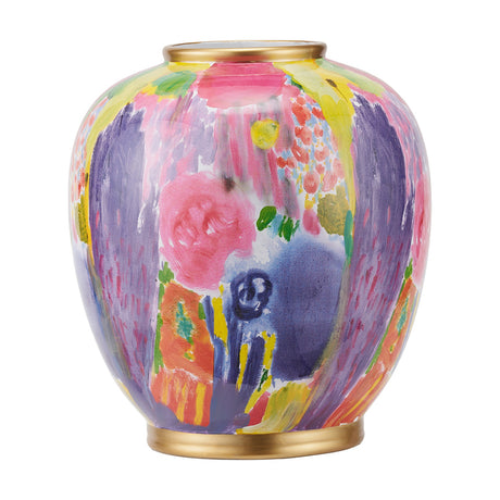 Matisse Multi Colour Ceramic Urn Vase, 29cm, rounded ceramic body with gold rim and base, hand-painted floral pattern in pink, purple and yellow, on a plain white background.