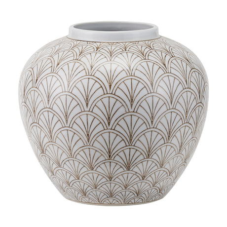 Barbier White Art Deco Fan Ceramic Vase, 22cm, rounded body with gold-toned fan pattern and wide neck opening, shown on a plain white background.