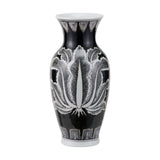 Black & White Feather Ceramic Urn Vase Asteria, 31cm, with flared white rim and base, black body featuring a large white feather-leaf motif, on a plain white background.