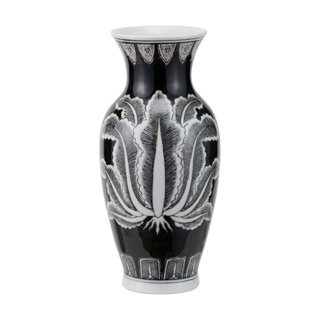 Black & White Feather Ceramic Urn Vase Asteria, 31cm, with flared white rim and base, black body featuring a large white feather-leaf motif, on a plain white background.