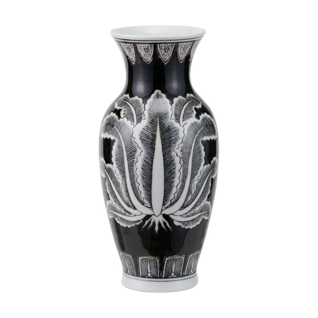 Black & White Feather Ceramic Urn Vase Asteria, 31cm, with flared white rim and base, black body featuring a large white feather-leaf motif, on a plain white background.