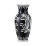 Black and white ceramic urn vase, 31cm, with a glossy black body featuring hand-painted feather-like foliage in white, a flared white rim and base, shown on a plain white background.