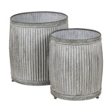 Set of two round galvanised zinc barrel planters, 53cm tall, with ribbed metal sides and rolled rims in different sizes, shown on a plain white background.