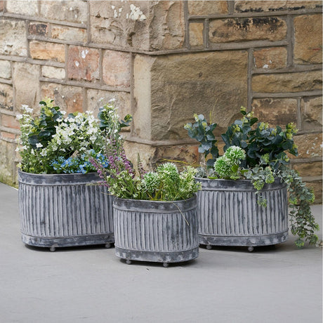 Set of 3 Galvanised Zinc Oval Planters - 25cm