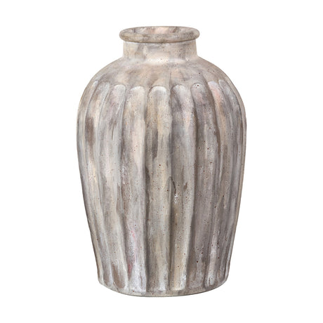 Ambrosia Natural Grooved Stoneware Vase, 30cm, with a ribbed body, flared neck, and mottled earthy-toned ceramic finish, shown on a plain white background.