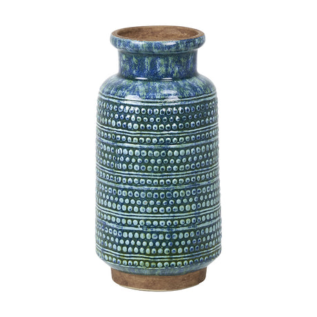 Theano Dot Design Blue Glaze Vase, 31cm, ceramic with textured dot bands, flared rim, and exposed terracotta base, shown on a plain white background.
