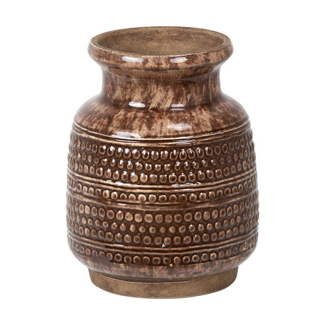 Theano Dot Design Brown Glaze Vase, 20cm ceramic vase with flared neck and dotted textured band, glossy brown finish, on a plain white background.