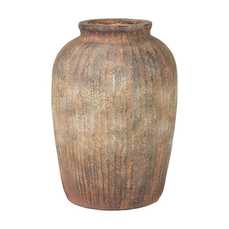 Rustic brown fibrestone vase, 37cm tall, with vertical ribbed texture and a weathered, mottled finish, shown against a plain white background.