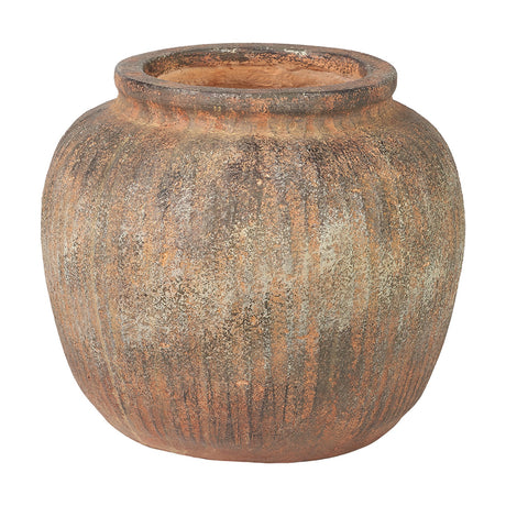 Rustic brown fibrestone decorative vase, 29cm wide, with a rounded body, vertical ribbed texture and wide rolled rim, shown on a plain white background.