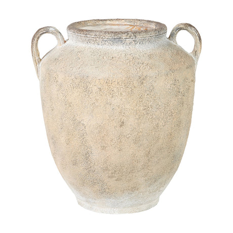 Natural textured Fibrestone decorative vase, 41cm, with two loop handles and a rustic mottled off-white finish, shown on a plain white background.