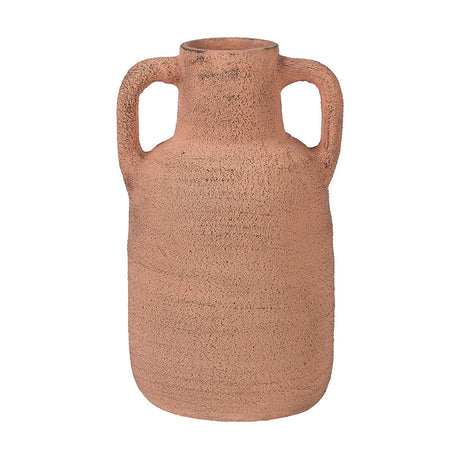 Terracotta ceramic decorative vase, 28cm, with two curved side handles and a rough textured finish, shown against a plain white background.