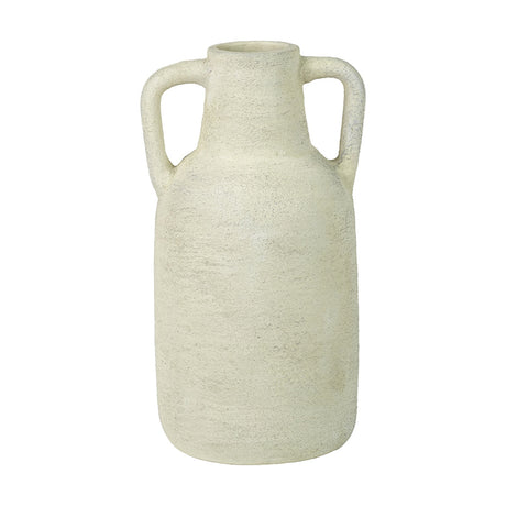 White textured terracotta decorative vase, 35cm tall, with twin handles and a narrow neck, in a matte off-white ceramic finish against a plain white background.