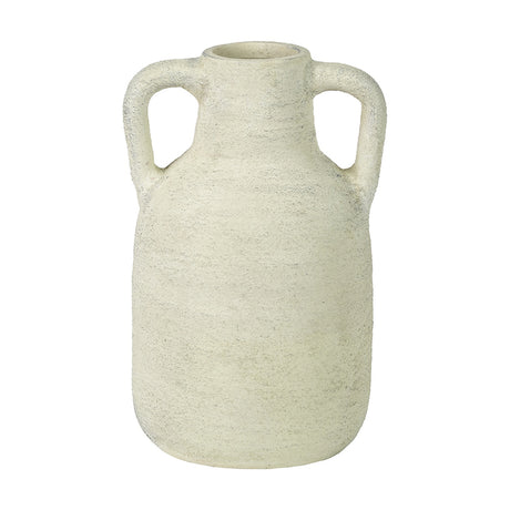 White textured terracotta decorative vase, 28cm, with two side handles and a narrow neck, shown against a plain white background.