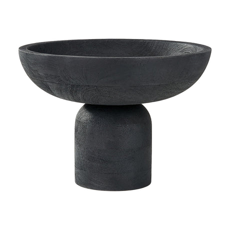 Black handcarved mango wood decorative bowl, 29cm wide, with a shallow round basin on a raised cylindrical base, shown on a plain white background.