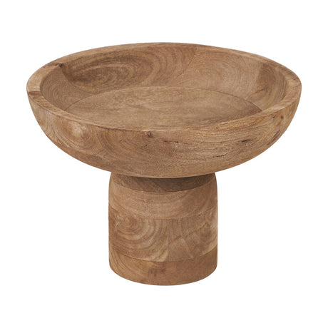 Natural handcarved mango wood bowl, 29cm wide, with a round raised pedestal base, shown on a plain white background.