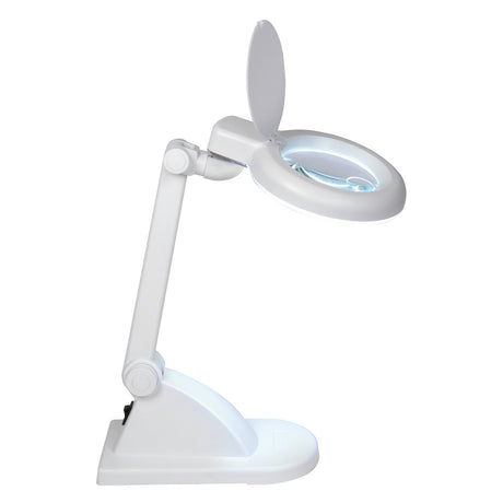 The Mercury Desktop Illuminated Magnifier Table Lamp is a white desk lamp equipped with an adjustable support arm and a circular base. This versatile lamp includes a rotating neck, an illuminated magnifying glass lens, and a light ring to enhance visibility for detailed tasks.